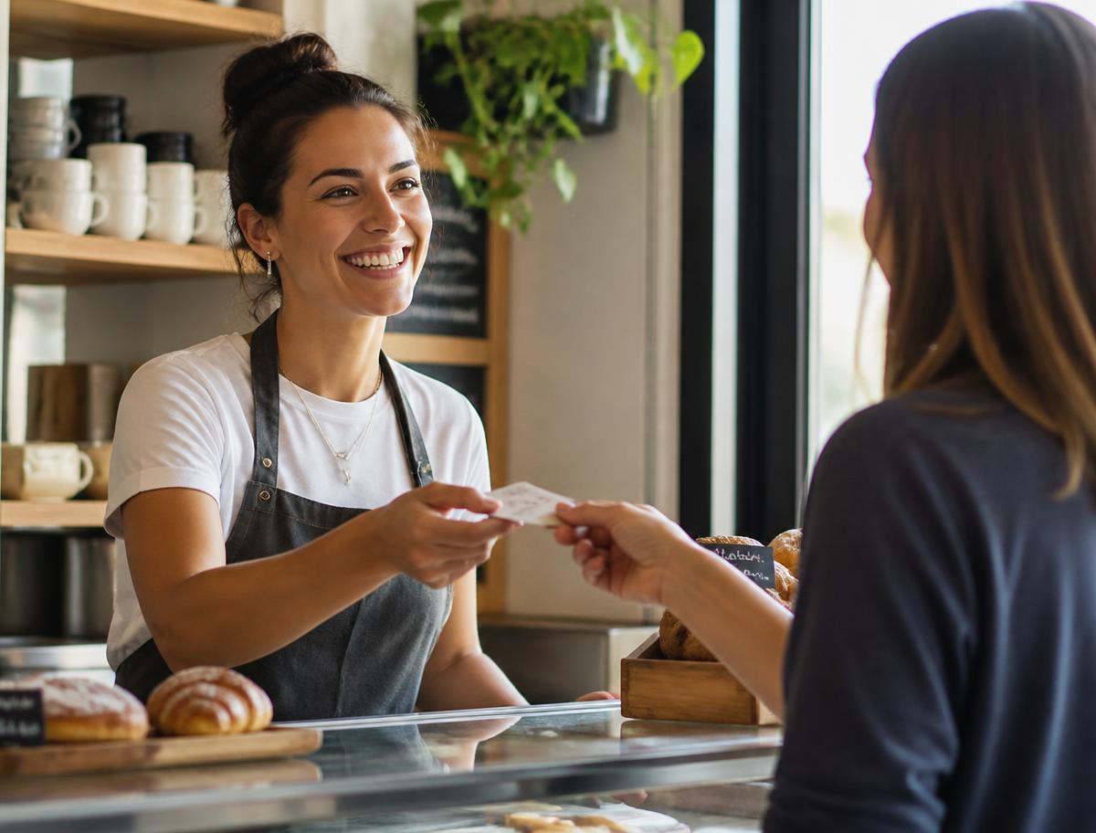 Bakery owner handing a payment card back to a customer